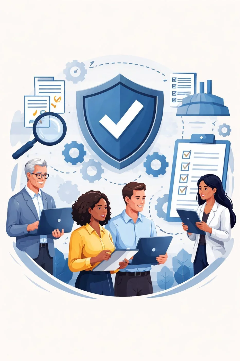 Diverse group of adult professionals reviewing quality management documents beneath a shield with checkmark, gears, and process controls, representing ISO 9001 certification requirements and structured quality system implementation.