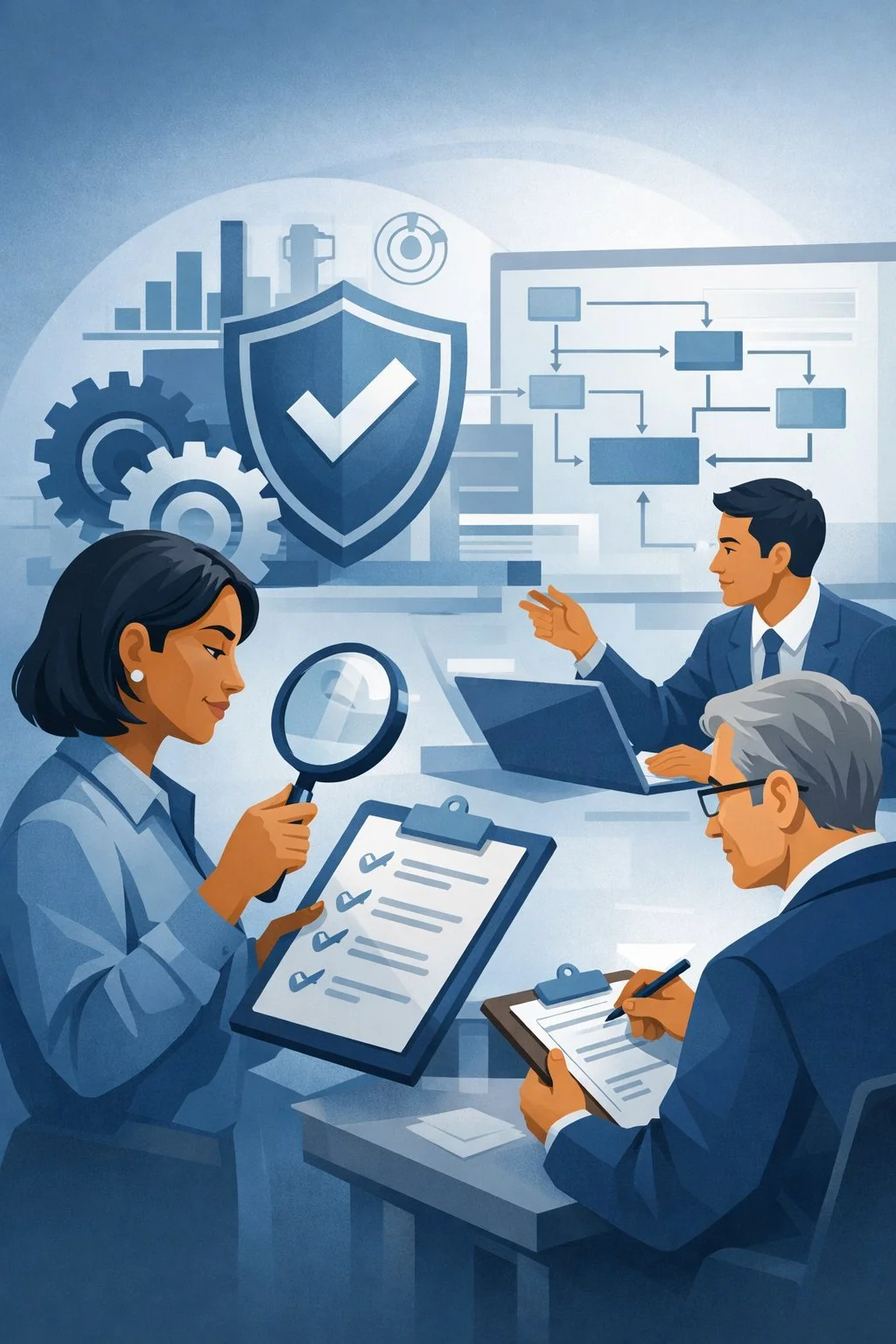Digital illustration of professional auditors reviewing process checklists and system diagrams, representing training internal audit ISO 9001 and quality management evaluation.