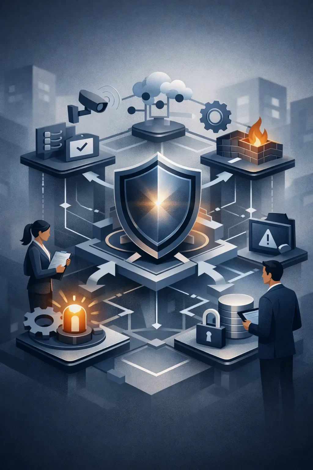 Structured incident response system with central protection shield, connected processes, containment controls, and coordinated response elements