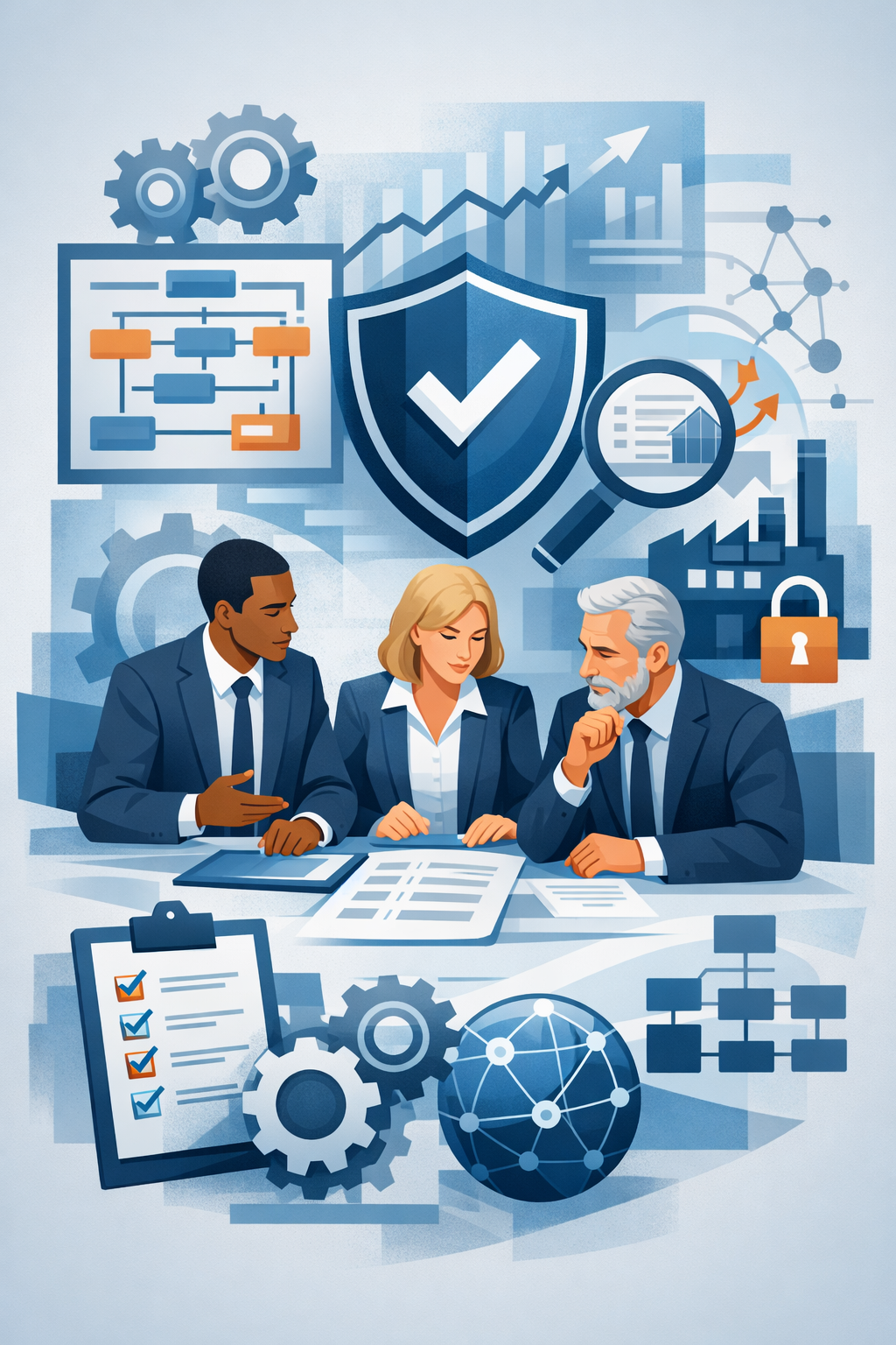 Digital illustration of diverse consultants reviewing structured system diagrams, shield validation symbol, and process flows representing a management consultant company.