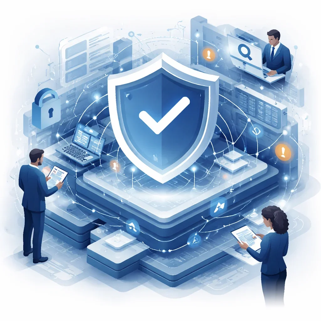 Structured digital illustration of a centralized security system with layered controls, network connections, and professionals supporting breach containment.