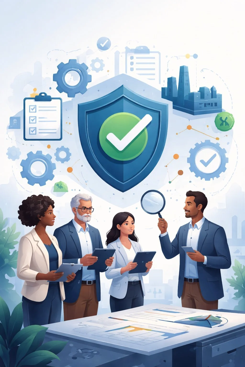 Illustrated diverse team of business professionals reviewing documents beneath a large shield with checkmark and quality system symbols, representing ISO 9001 certified quality management system and structured compliance.