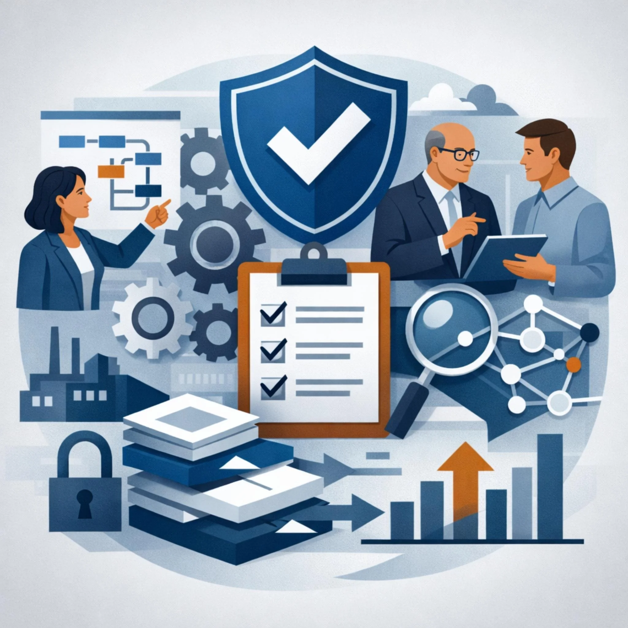 Digital illustration of consultants reviewing a structured checklist with shield, gears, and magnifying glass representing an ISO 9001 gap analysis and quality management assessment.