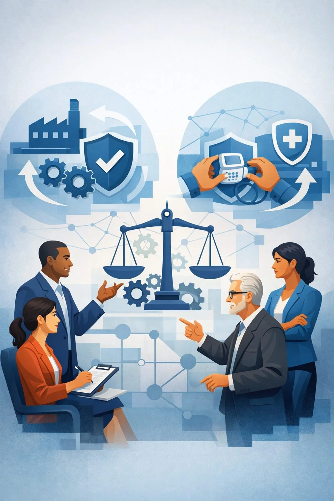 Digital illustration comparing ISO 9001 vs ISO 13485 showing manufacturing and medical device systems balanced with structured compliance symbols.