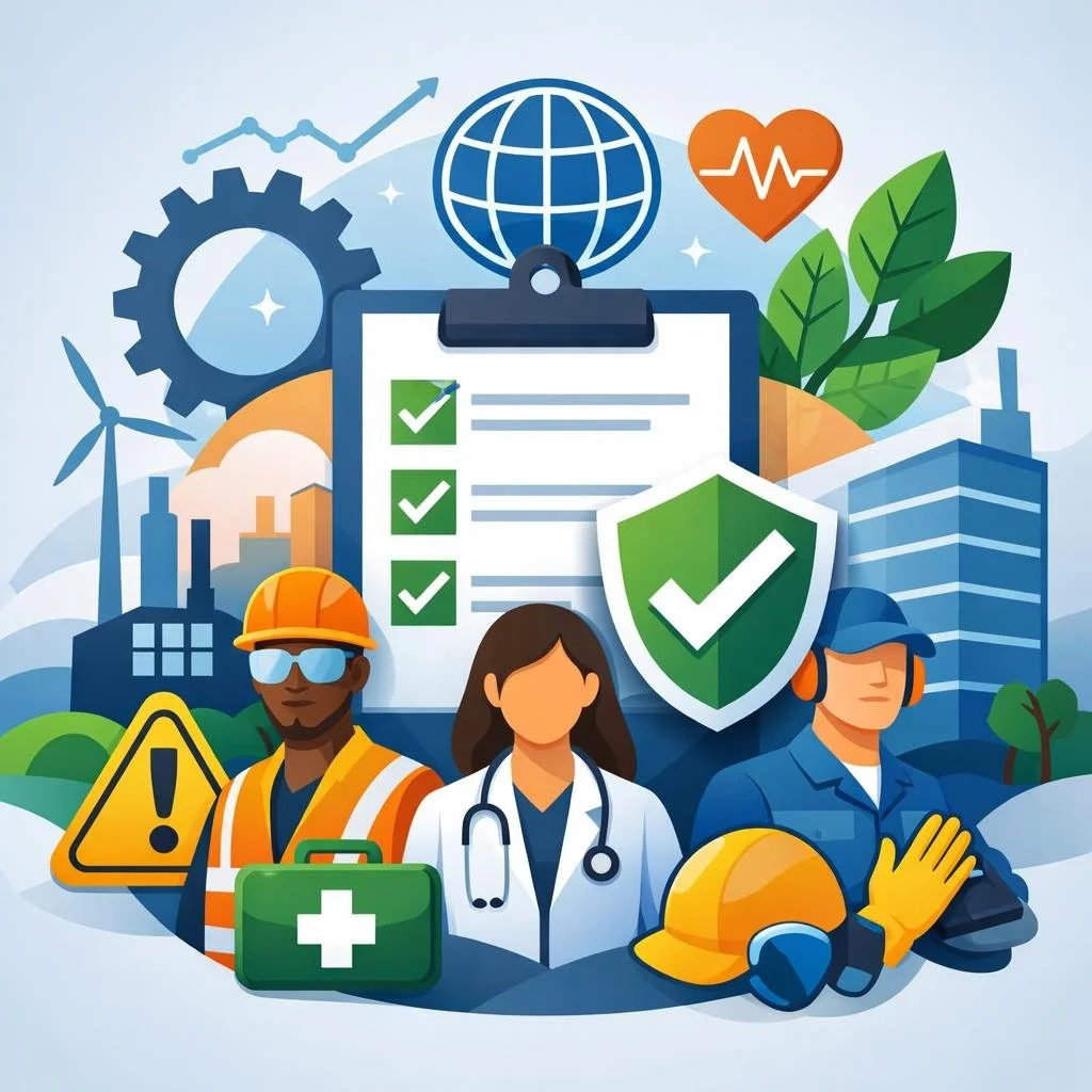 Illustrated safety management concept showing diverse workers in protective equipment with shield, checklist, hazard symbol, and industrial background elements representing ISO 45001 occupational health and safety certification.