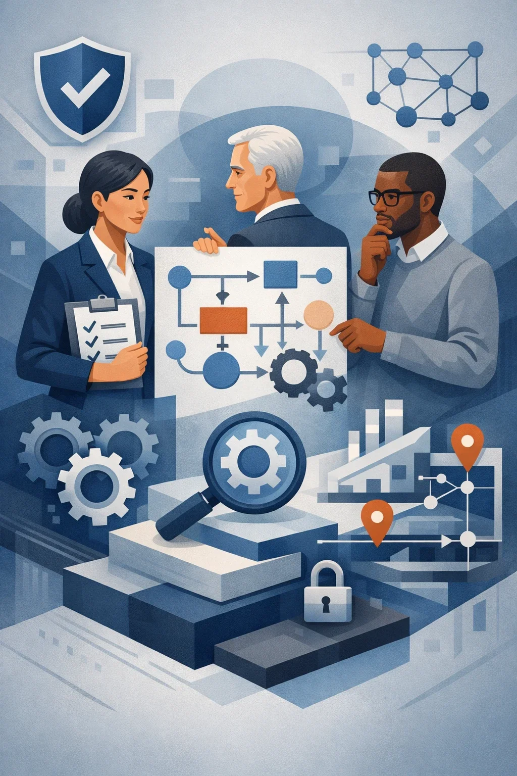 Digital illustration of professionals evaluating a supplier network with gears, shield validation symbols, and supply chain pathways representing supplier risk assessment.
