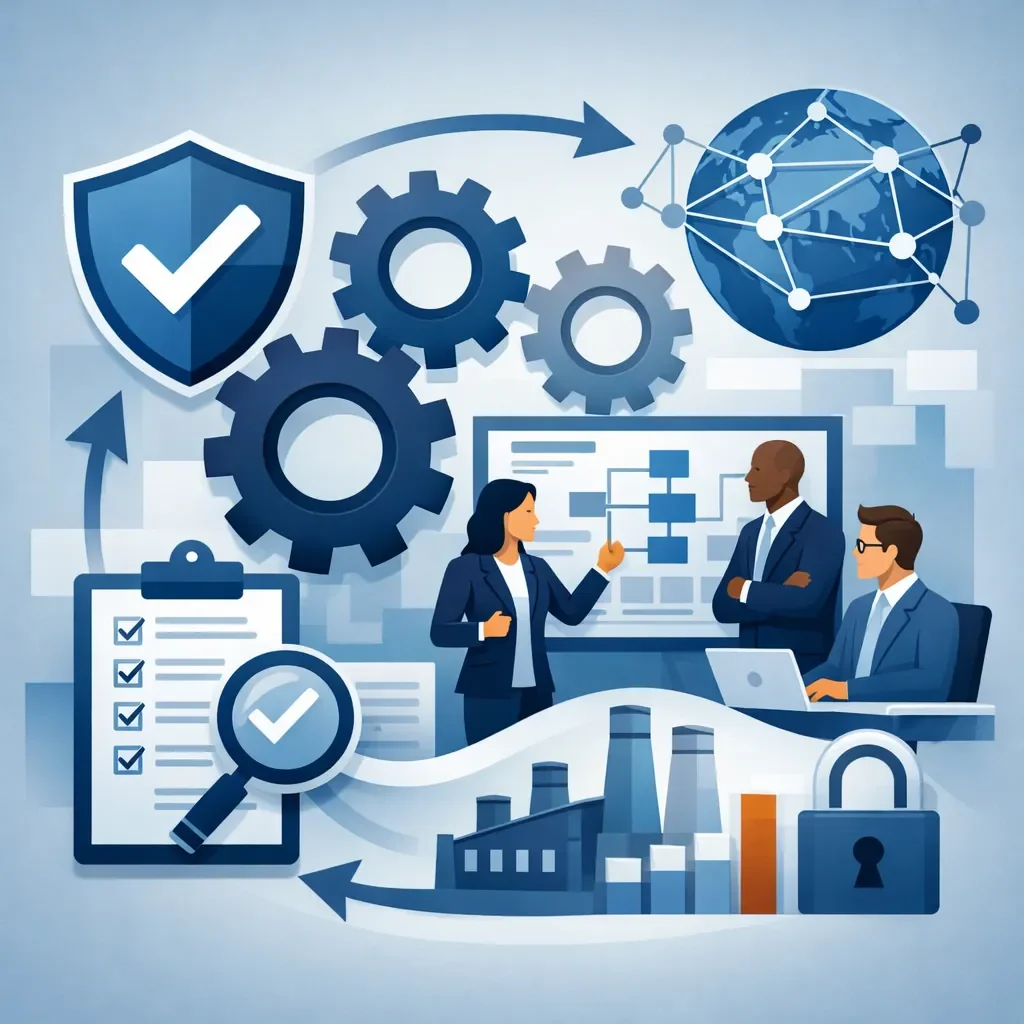 Digital illustration of shield, gears, checklist, and consulting professionals representing structured ISO compliance services and integrated management systems.