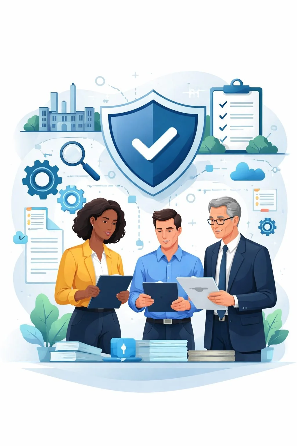 Illustrated professional team reviewing quality management documents with shield, checkmark, gears, and audit symbols representing ISO 9001 certification requirements and structured quality management system implementation.