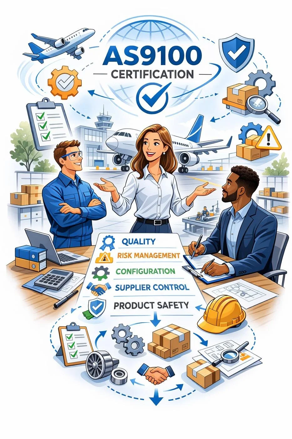 Portrait-style illustration of aerospace professionals discussing quality processes with aircraft, checklists, gears, and compliance symbols surrounding them, visually representing the structure and requirements of AS9100 certification.