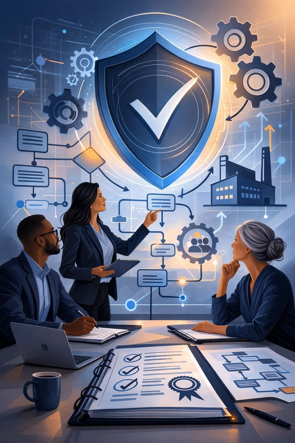 Diverse executive team reviewing quality management system processes with shield and checkmark symbol representing ISO 9001 certification body oversight and structured audit compliance.