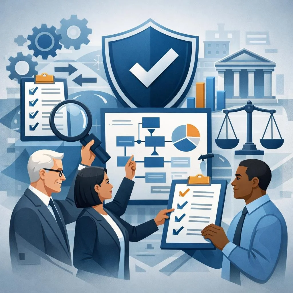 Digital illustration of auditors reviewing a structured process diagram with shield, checklist, and magnifying glass symbols representing auditor standards and compliance evaluation.