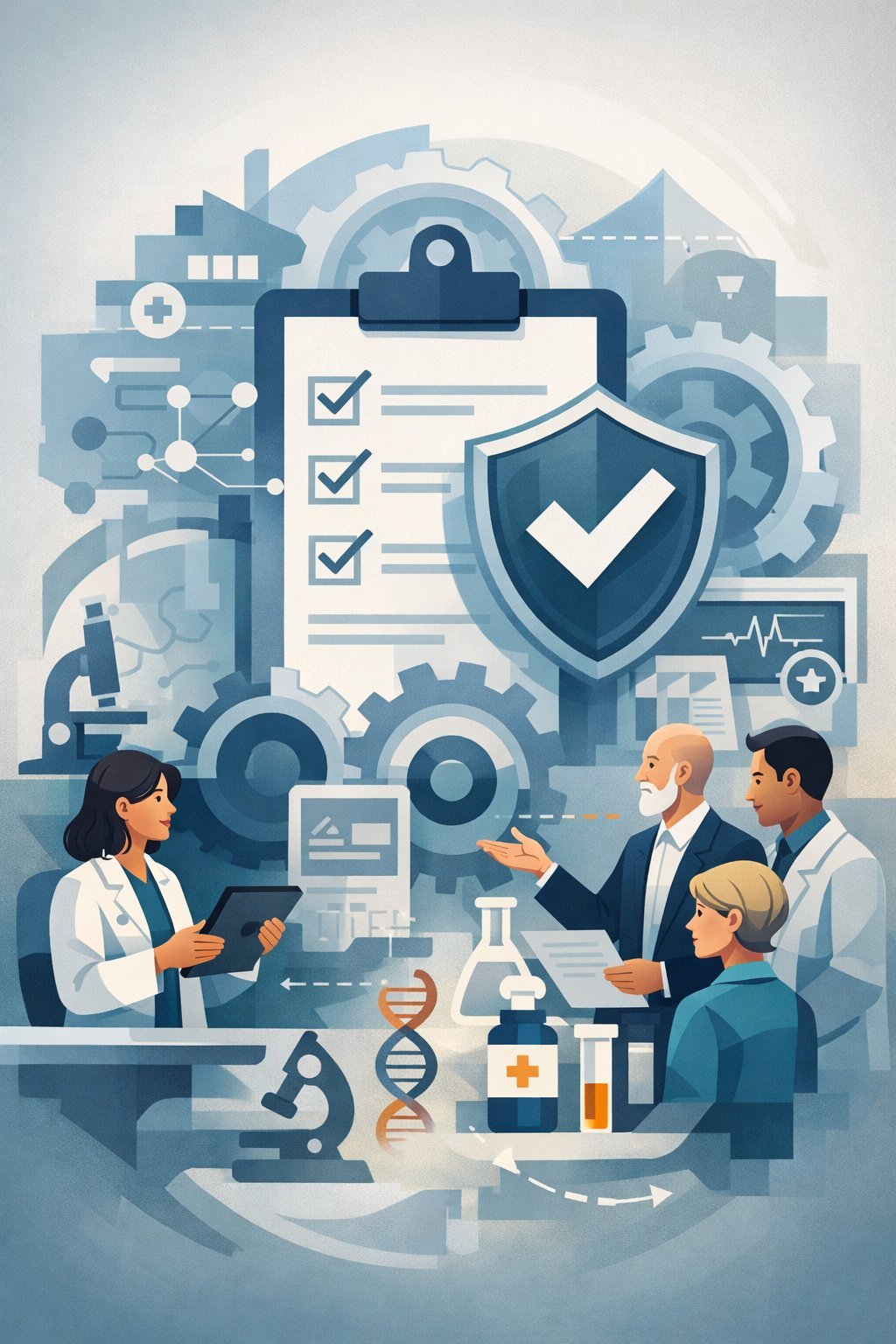 Digital illustration of a structured shield and checklist with medical device professionals reviewing processes, representing ISO 13485 consulting services and medical device quality management systems.