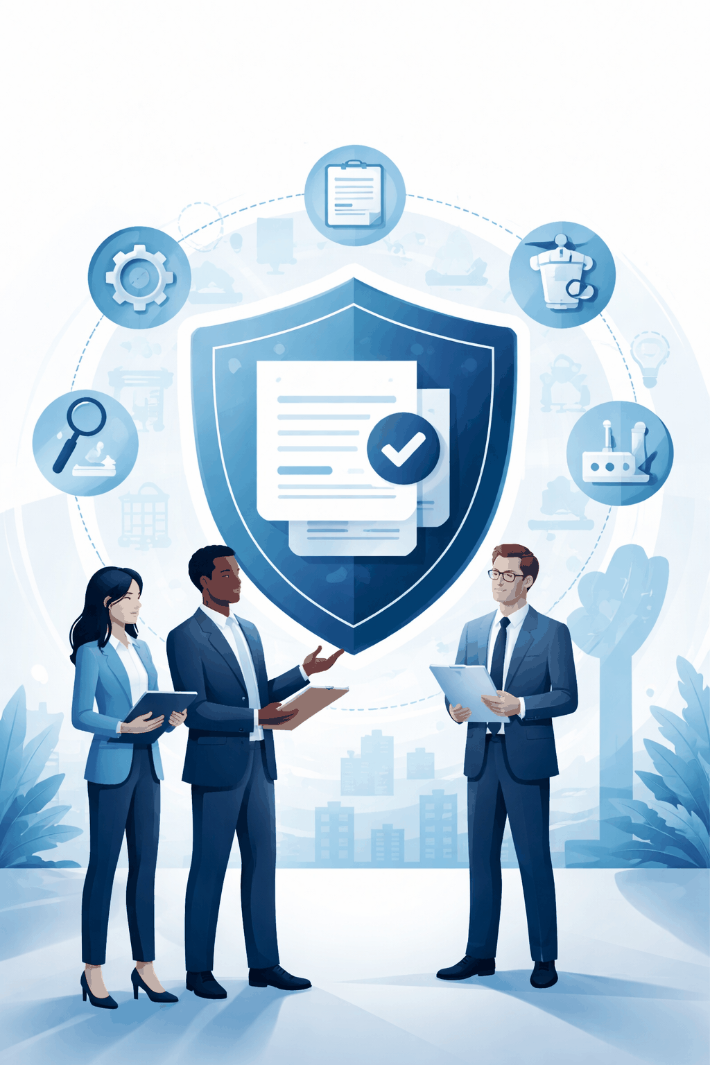 Digital illustration of professionals reviewing a shield and verification symbol representing ISO certification companies and structured management system validation.