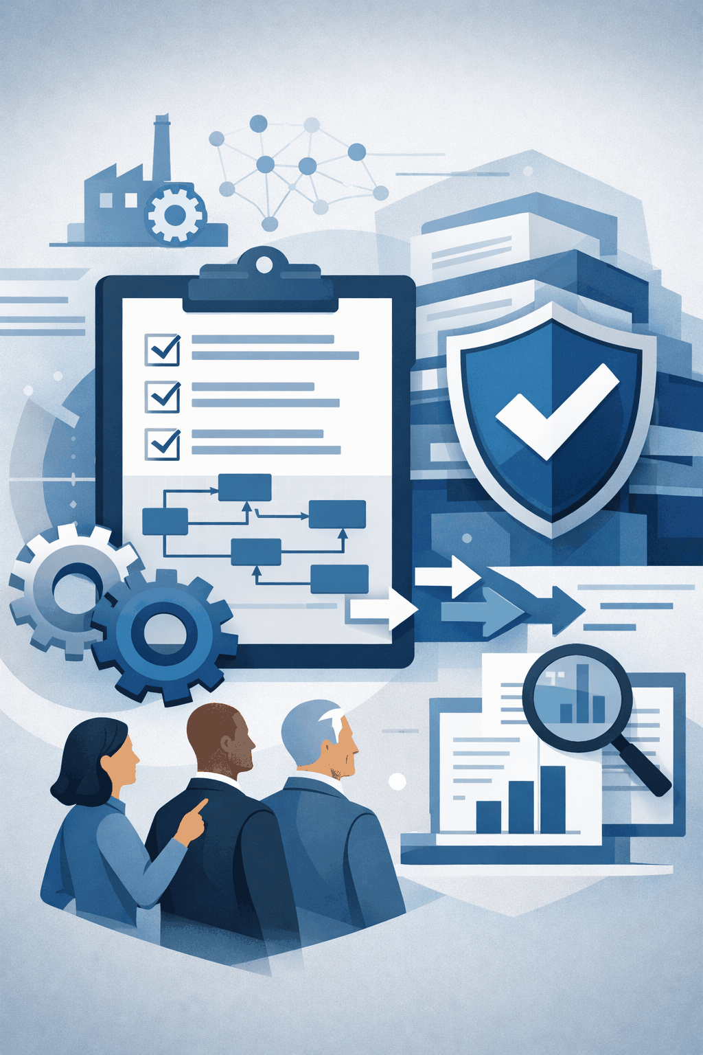 Digital illustration of structured workflow diagrams, shield validation symbol, and professionals reviewing dashboards representing ISO 9001 QMS software and quality management system controls.