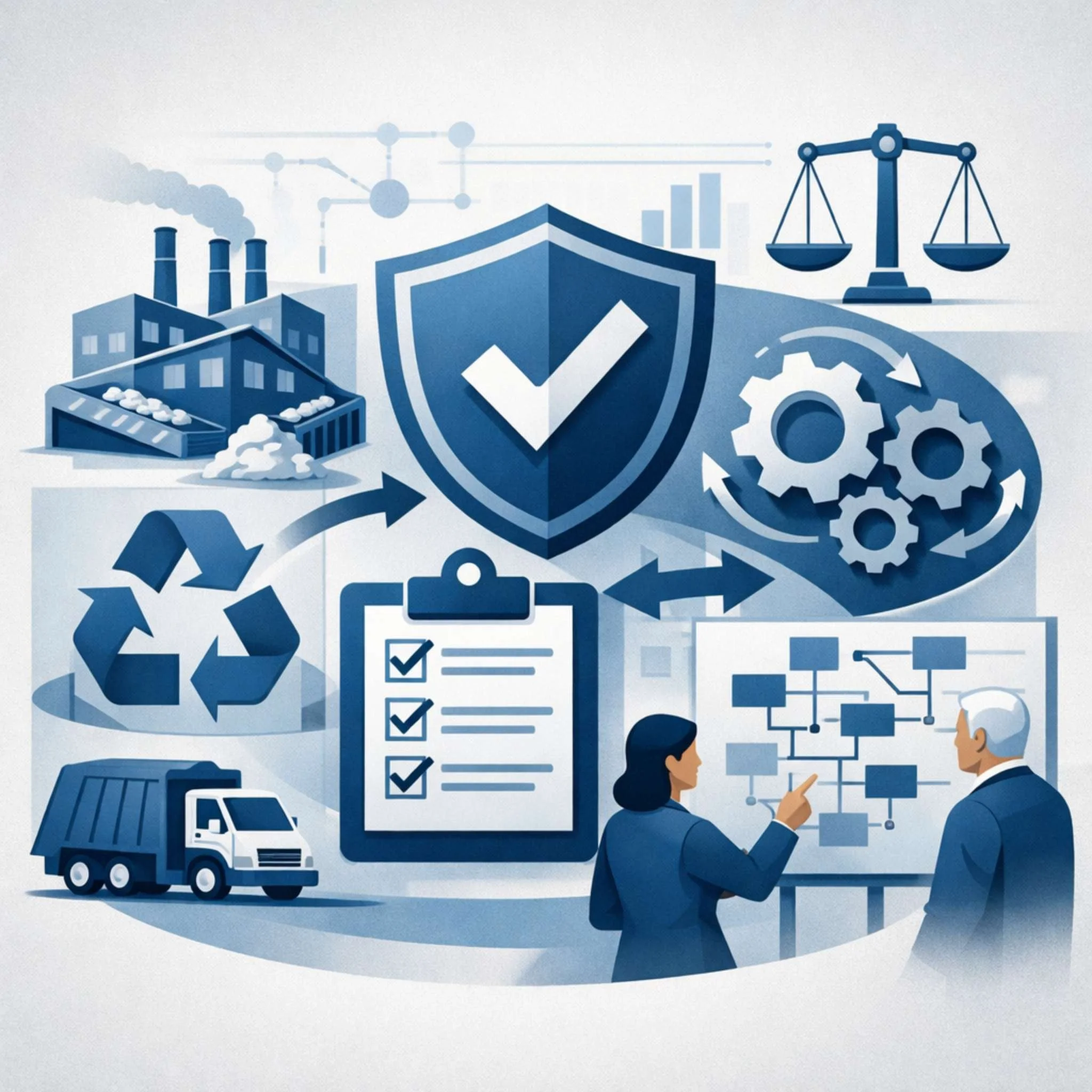 Digital illustration of factory, shield, recycling symbol, and process flow representing RIOS recycling industry operating standard and structured compliance systems.