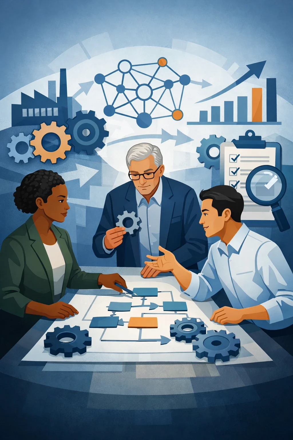 Digital illustration of consultants analyzing a workflow diagram with gears, network nodes, and flow arrows representing process optimization consulting and operational improvement.