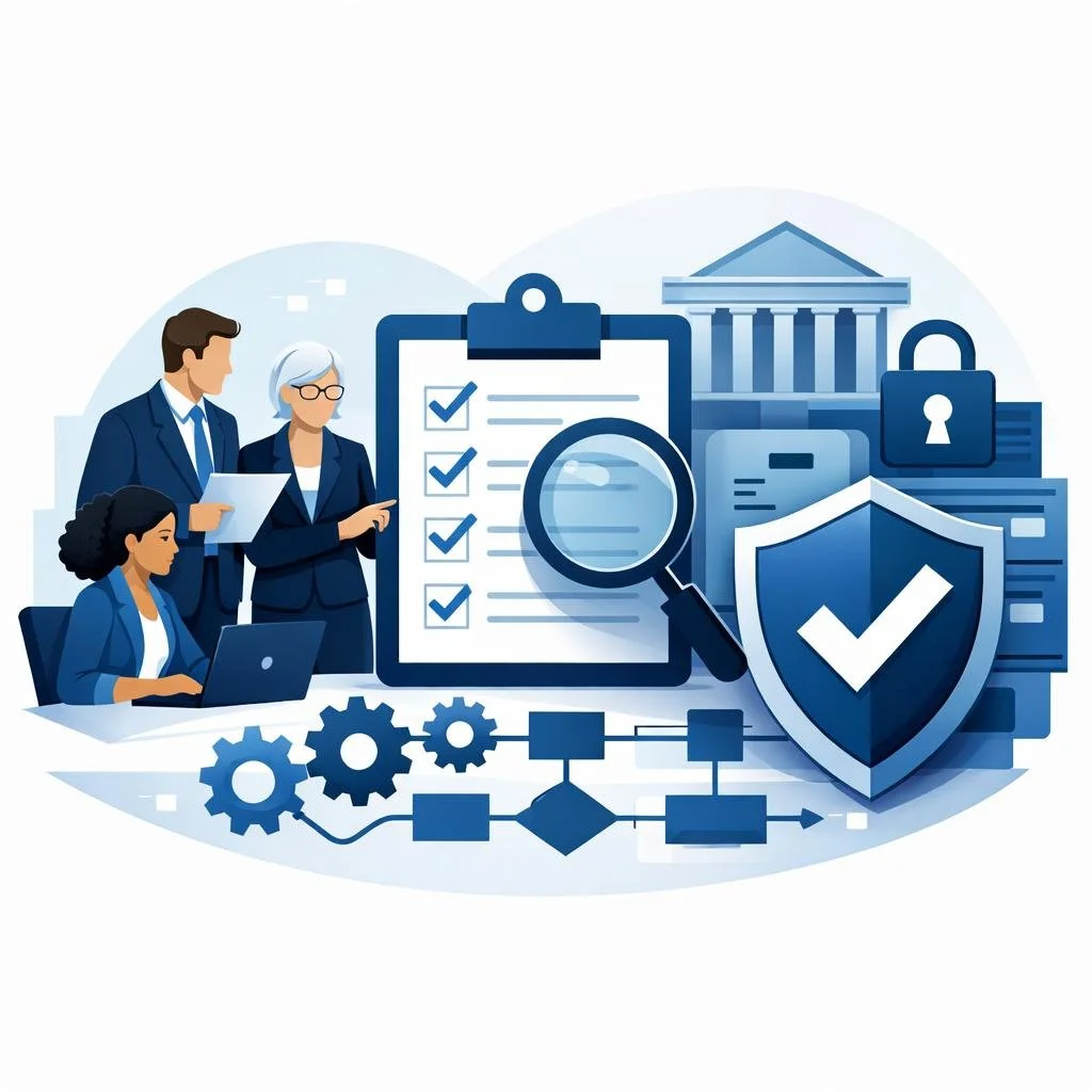 Digital illustration of professionals reviewing a clipboard checklist with magnifying glass, shield, and workflow diagram representing audit and compliance services.