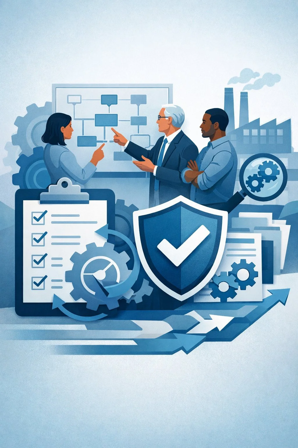 Digital illustration of professionals reviewing a structured checklist with gears and shield symbols representing an ISO 9001 implementation checklist and quality management system development.