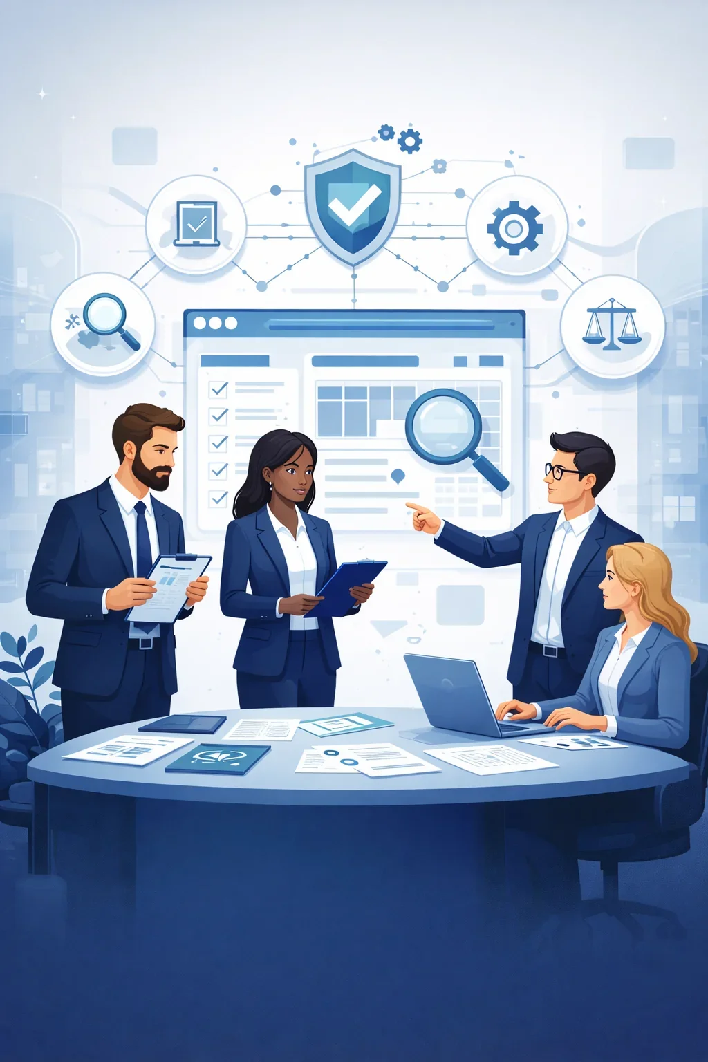 Digital illustration of consultants reviewing structured compliance controls with shield, checklist, and governance symbols representing compliance management consulting systems.