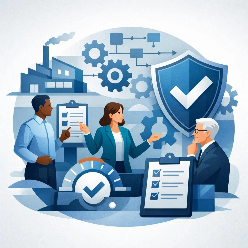 Digital illustration of diverse professionals reviewing structured processes with gears, factory icon, and shield checkmark representing ISO 9001 for small business quality systems.