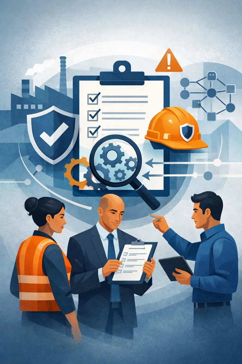 Digital illustration of safety checklist, shield, factory, and hard hat representing an ISO 45001 gap analysis for occupational health and safety management systems.