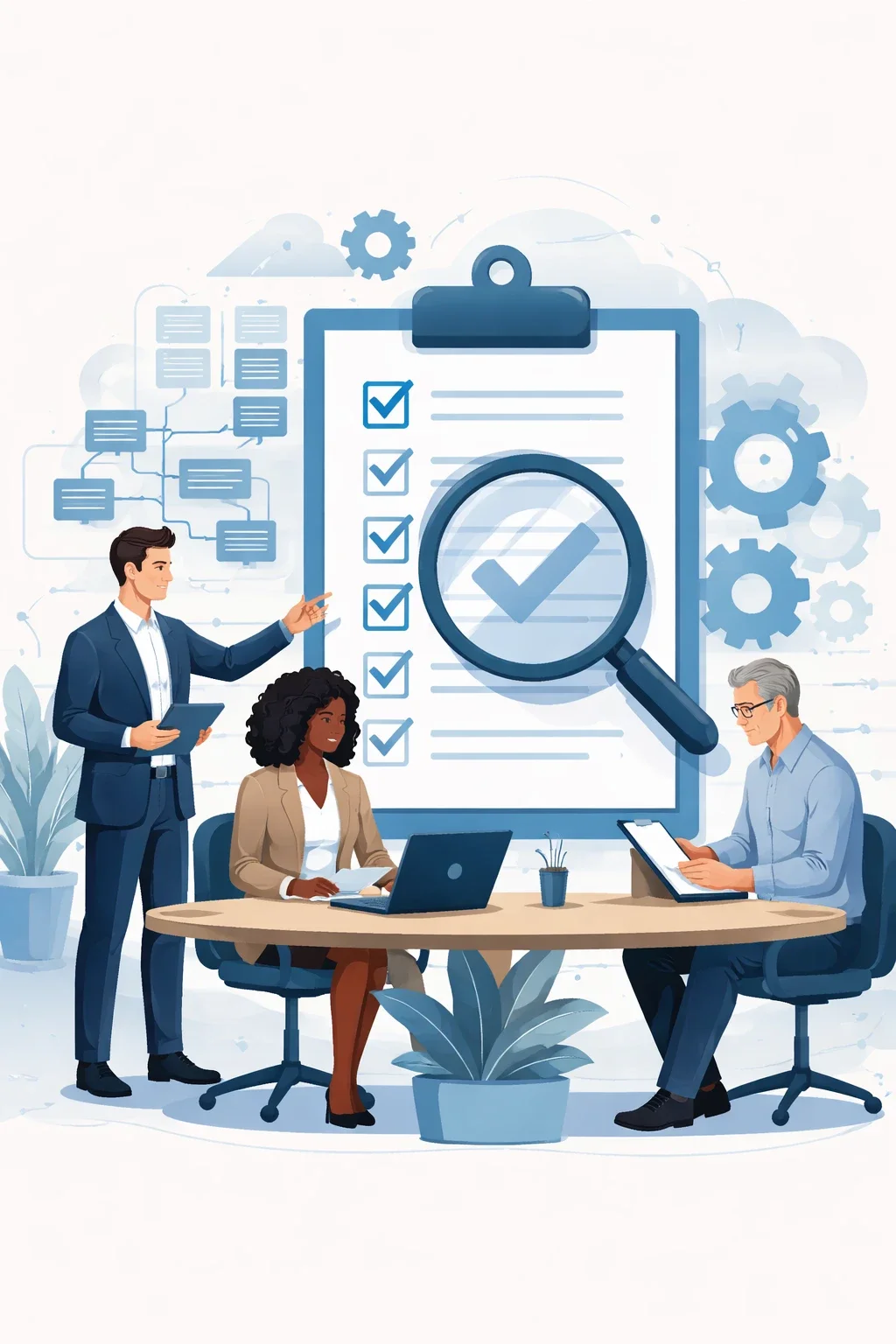 Digital illustration of a diverse professional team reviewing a clipboard and magnifying glass representing internal audit consulting and structured management system evaluation.