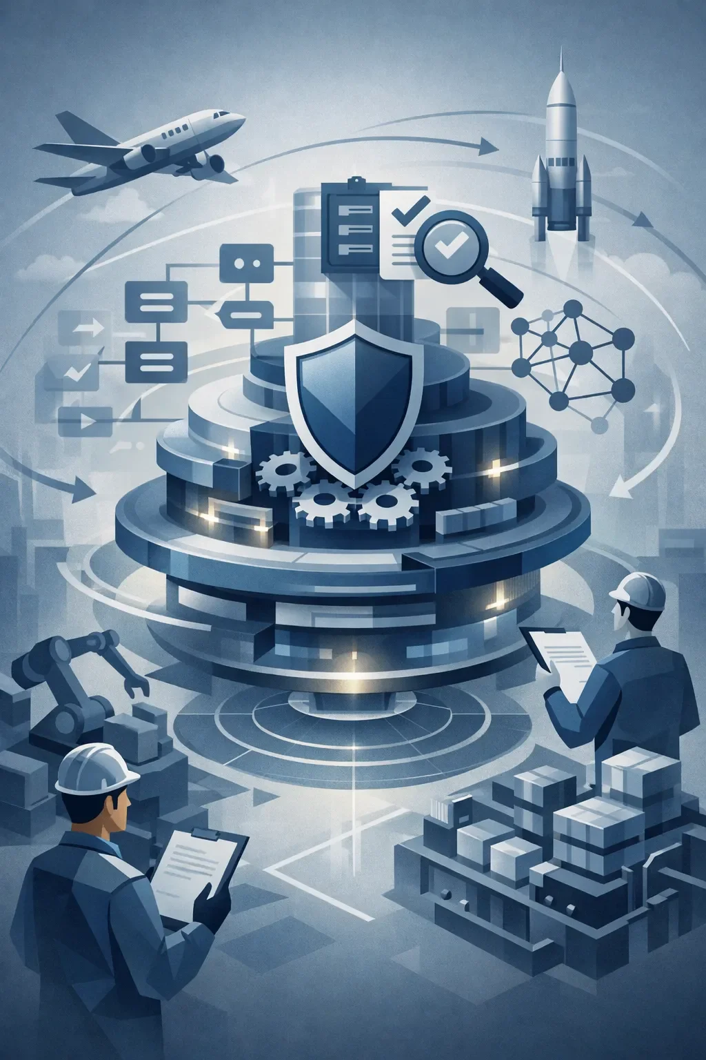 Layered aerospace quality system with gears, shield, and interconnected flows, showing structured AS9100 controls across production and validation processes.