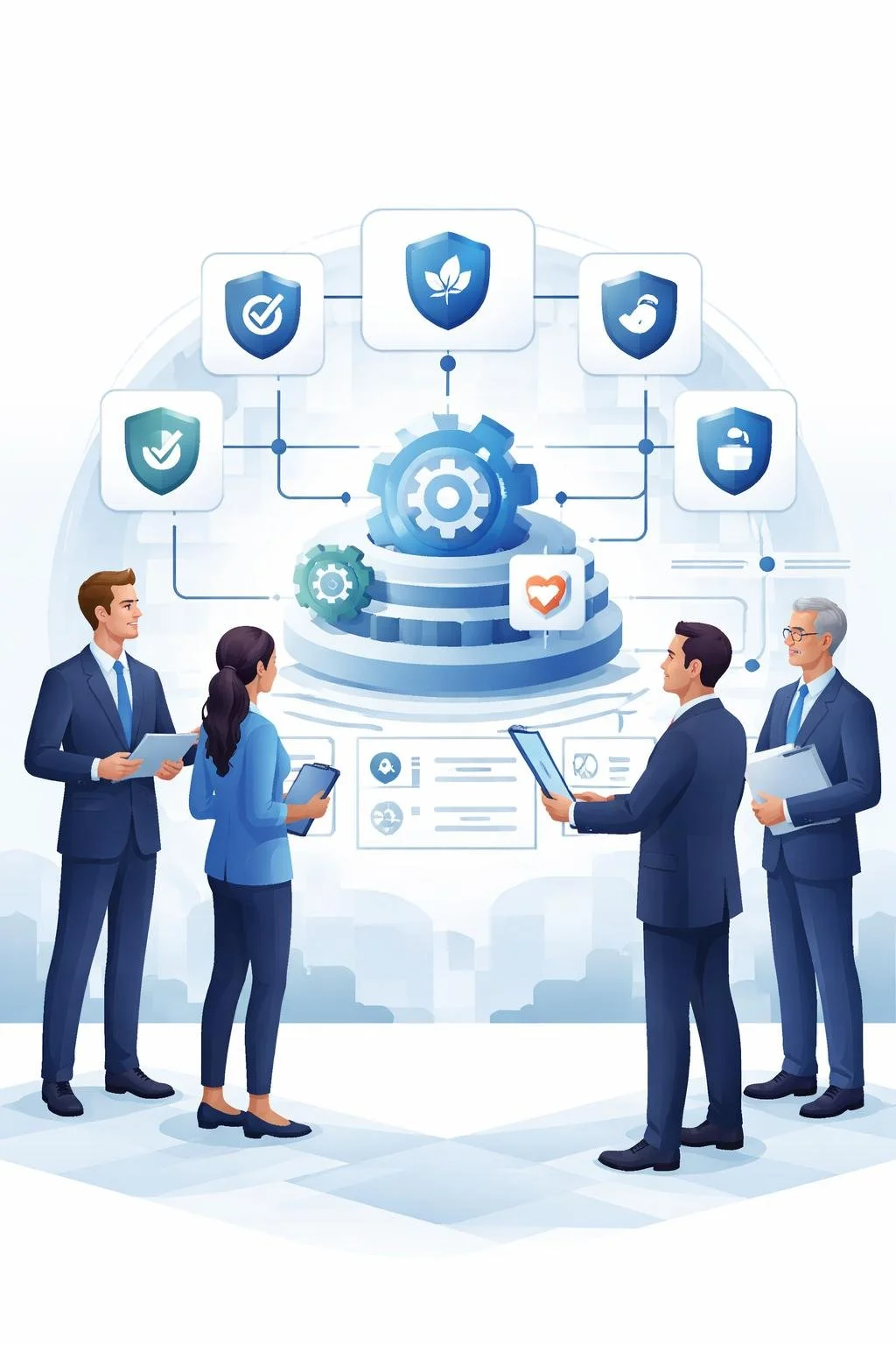 Digital illustration of diverse consultants analyzing an integrated system with shields, gears, and network pathways representing multi-standard ISO solutions and unified management systems.