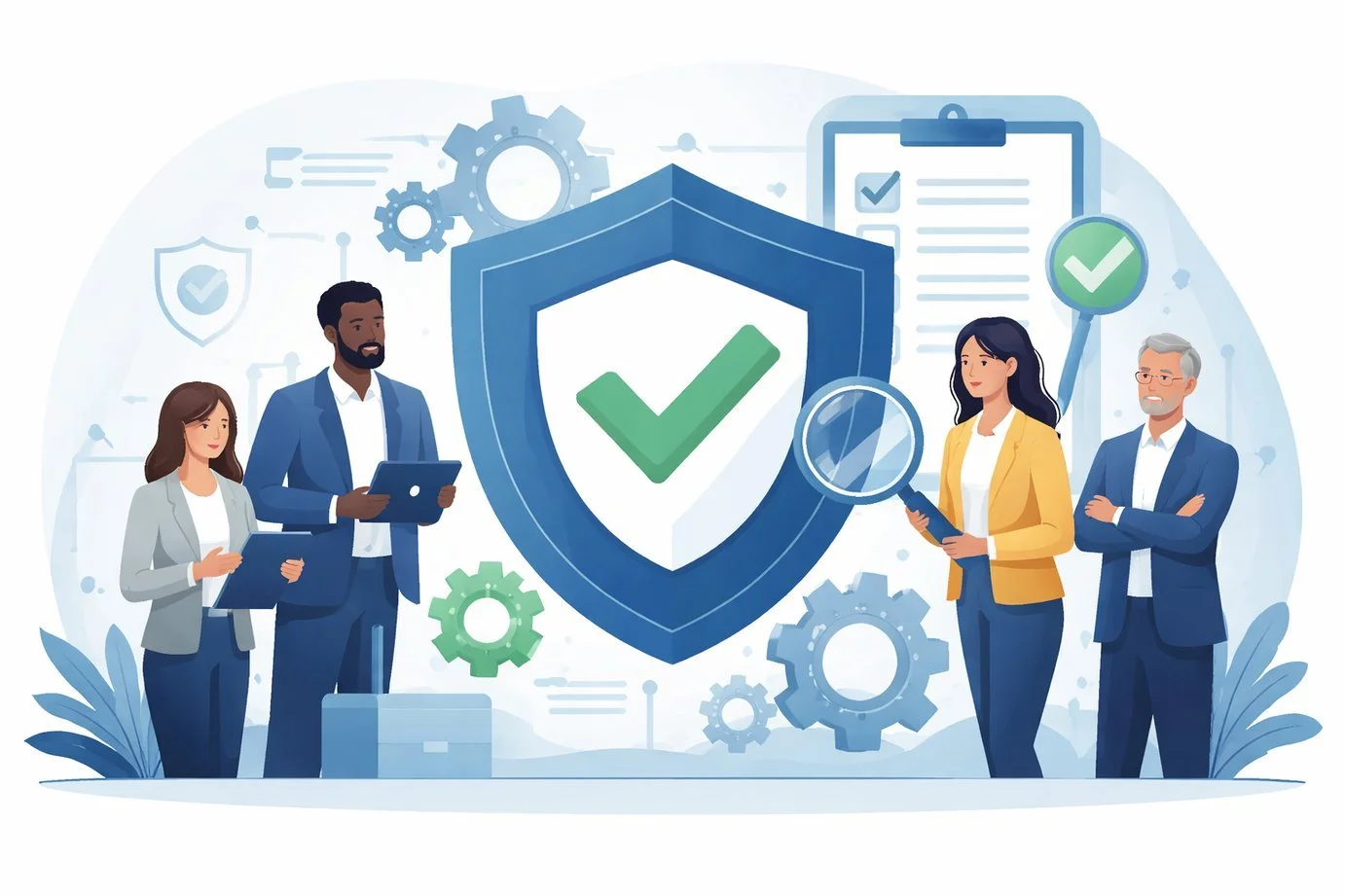 Illustrated landscape scene of diverse business professionals standing beside a large shield with a checkmark, surrounded by gears, clipboard, and system icons representing structured quality management and ISO 9001 certification meaning.