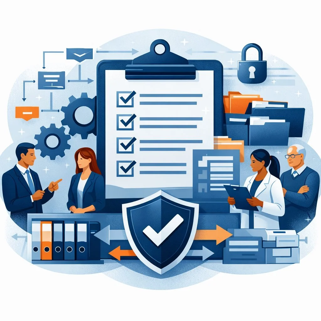 Digital illustration of structured document control workflow with clipboard checklist, gears, shield, and professionals managing ISO 9001 document control procedures.