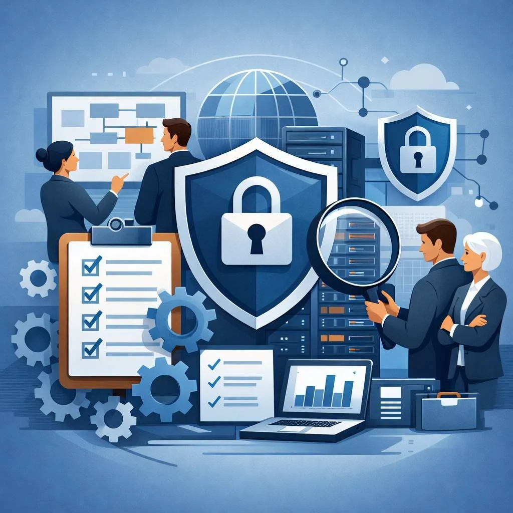 Digital illustration of shield, magnifying glass, and audit checklist symbolizing ISO 27001 audit support services and structured information security review.