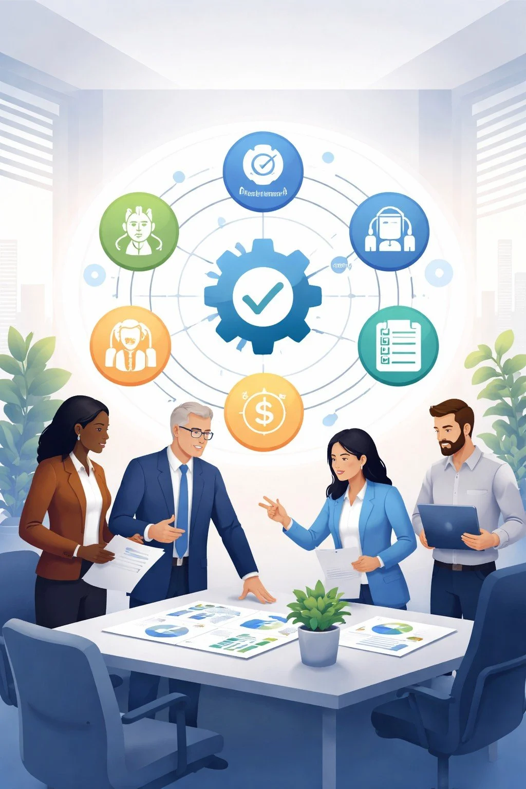 Digital illustration of diverse professionals reviewing governance diagrams and structured controls representing ISO 26000 social responsibility consulting.