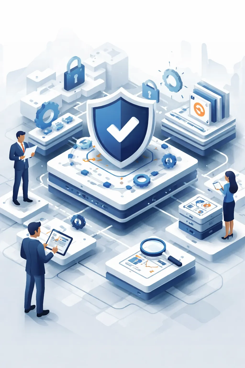 Structured organizational risk assessment system with interconnected controls, central validation shield, and layered processes evaluated by professionals