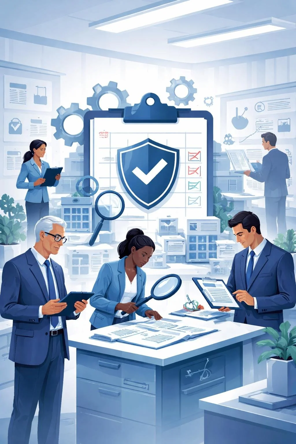 Digital illustration of diverse auditors reviewing structured processes with shield and checklist symbols representing an ISO 13485 certification audit.