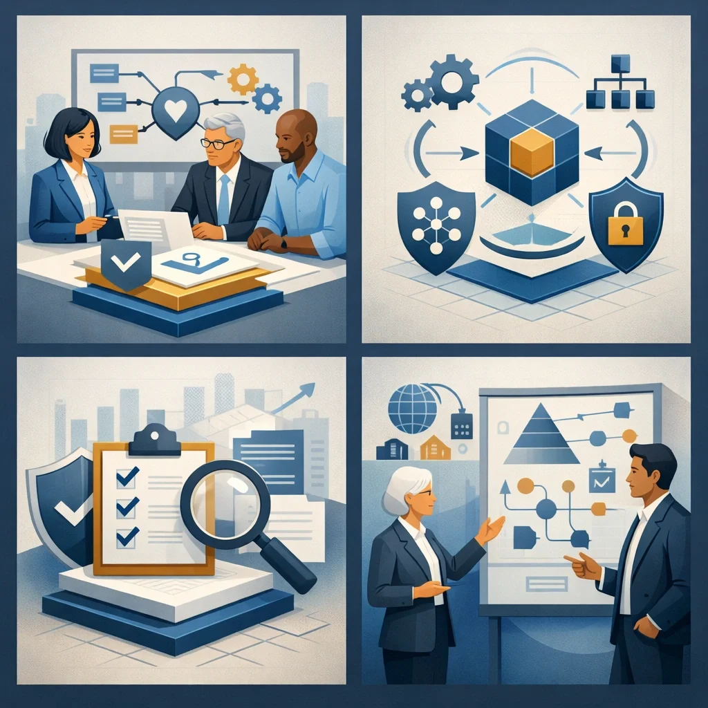 Digital illustration of layered shields, security lock, and system diagrams representing PCI DSS compliance and structured payment card data security controls.
