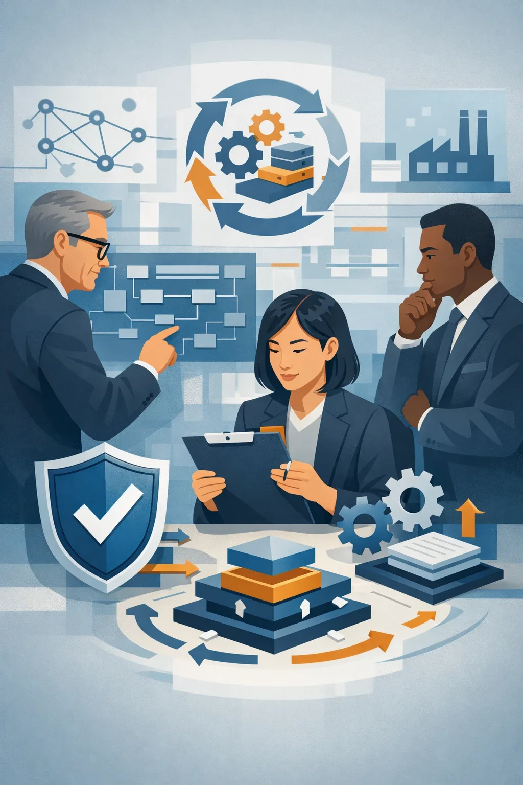 Digital illustration of consultants evaluating layered controls, risk pathways, and system diagrams representing structured business risk assessment and enterprise risk analysis.