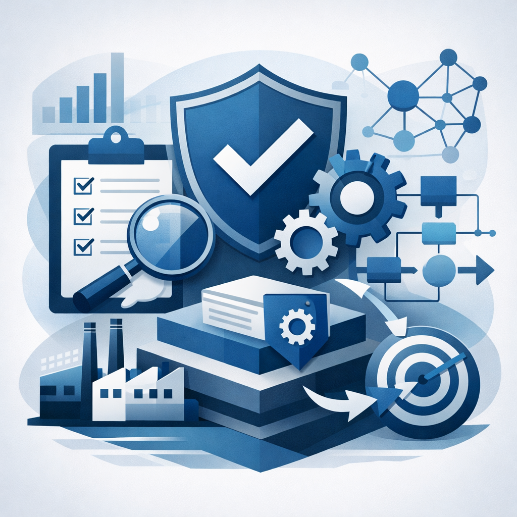 Digital illustration of shield, checklist, gears, process flow, and factory representing an ISO 9001 readiness assessment for a structured quality management system.