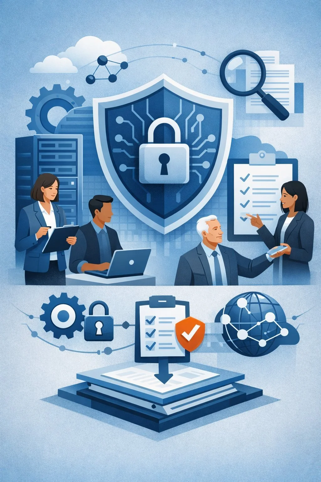 Digital illustration of a structured shield with lock, consultants reviewing controls, and network systems representing ISO 27001 compliance requirements and information security governance.