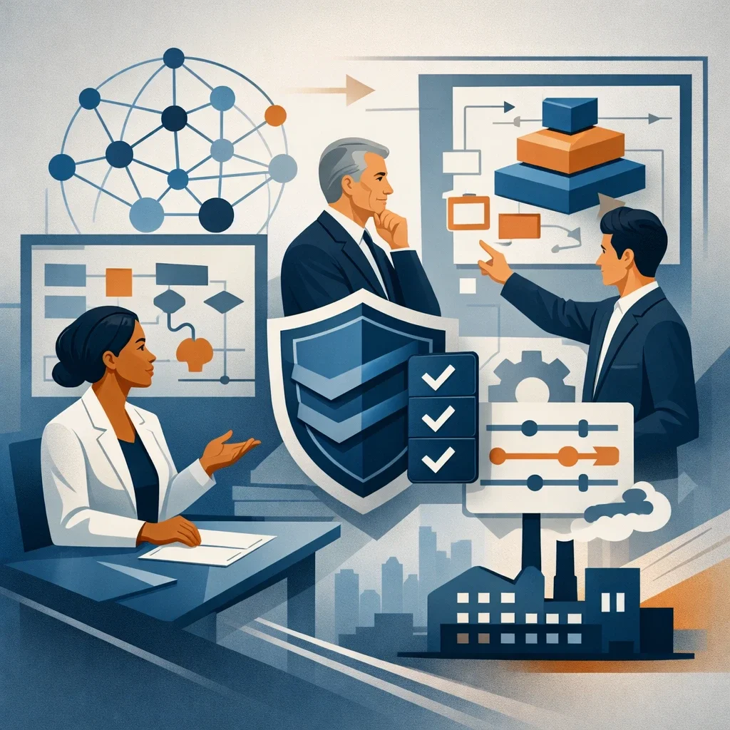 Digital illustration of professionals analyzing structured defense technology controls with shield security layers and system diagrams representing ITAR compliance.