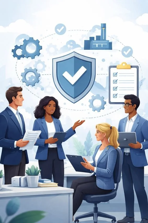 ISO 9000 certification requirements illustrated with diverse adult professionals reviewing structured quality management processes, shield with checkmark symbol, gears, factory icon, and compliance checklist in a modern consulting environment.