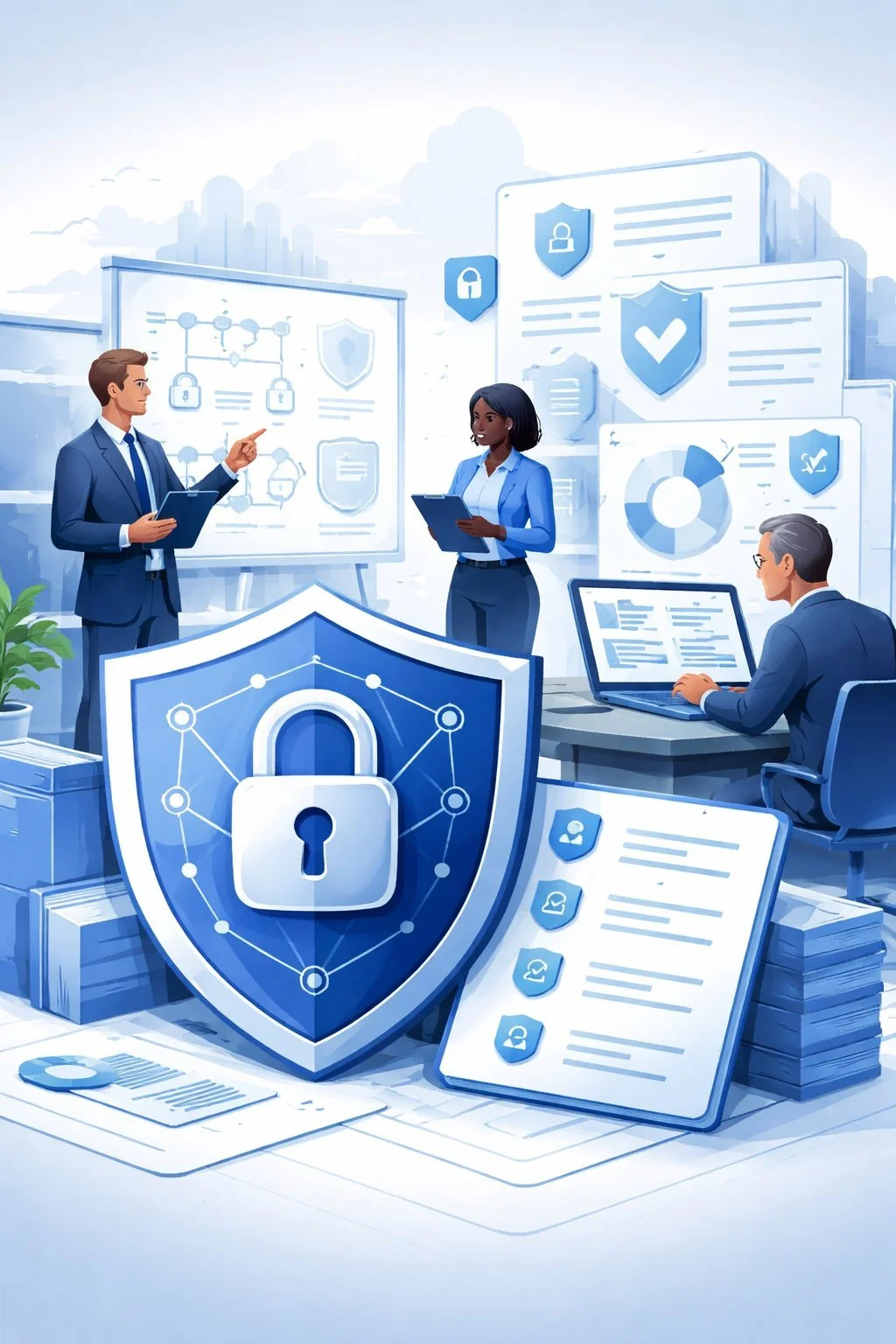Digital illustration of cybersecurity professionals reviewing network security controls with shield and lock symbols representing ISO 27001 information security consulting.