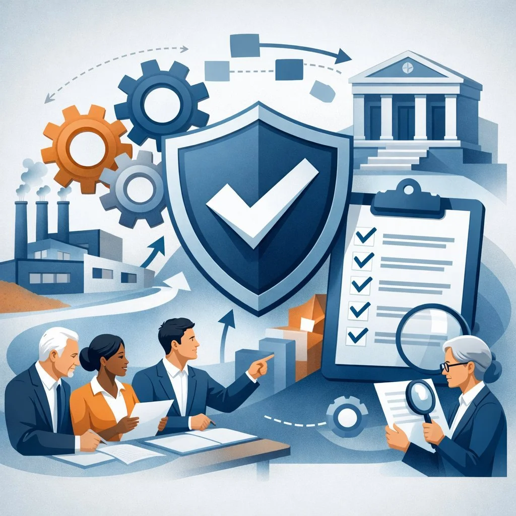 Digital illustration of shield, checklist clipboard, gears, and professionals reviewing processes representing an ISO 9001 certification checklist and quality management system verification.
