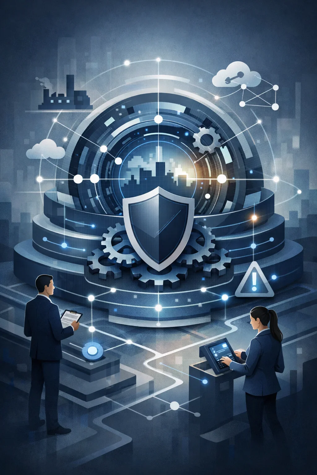 Structured operational resilience system with layered protection, interconnected networks, and gears representing continuity, risk control, and system stability.