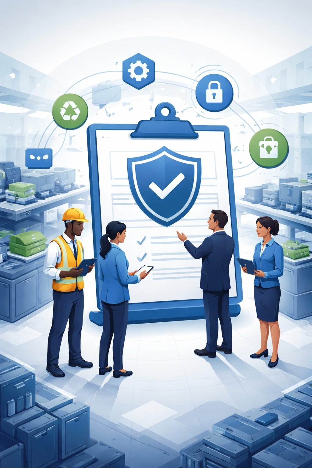 Digital illustration of professionals reviewing a structured compliance clipboard with shield, lock, and recycling symbols representing R2 certification requirements for electronics recycling operations.