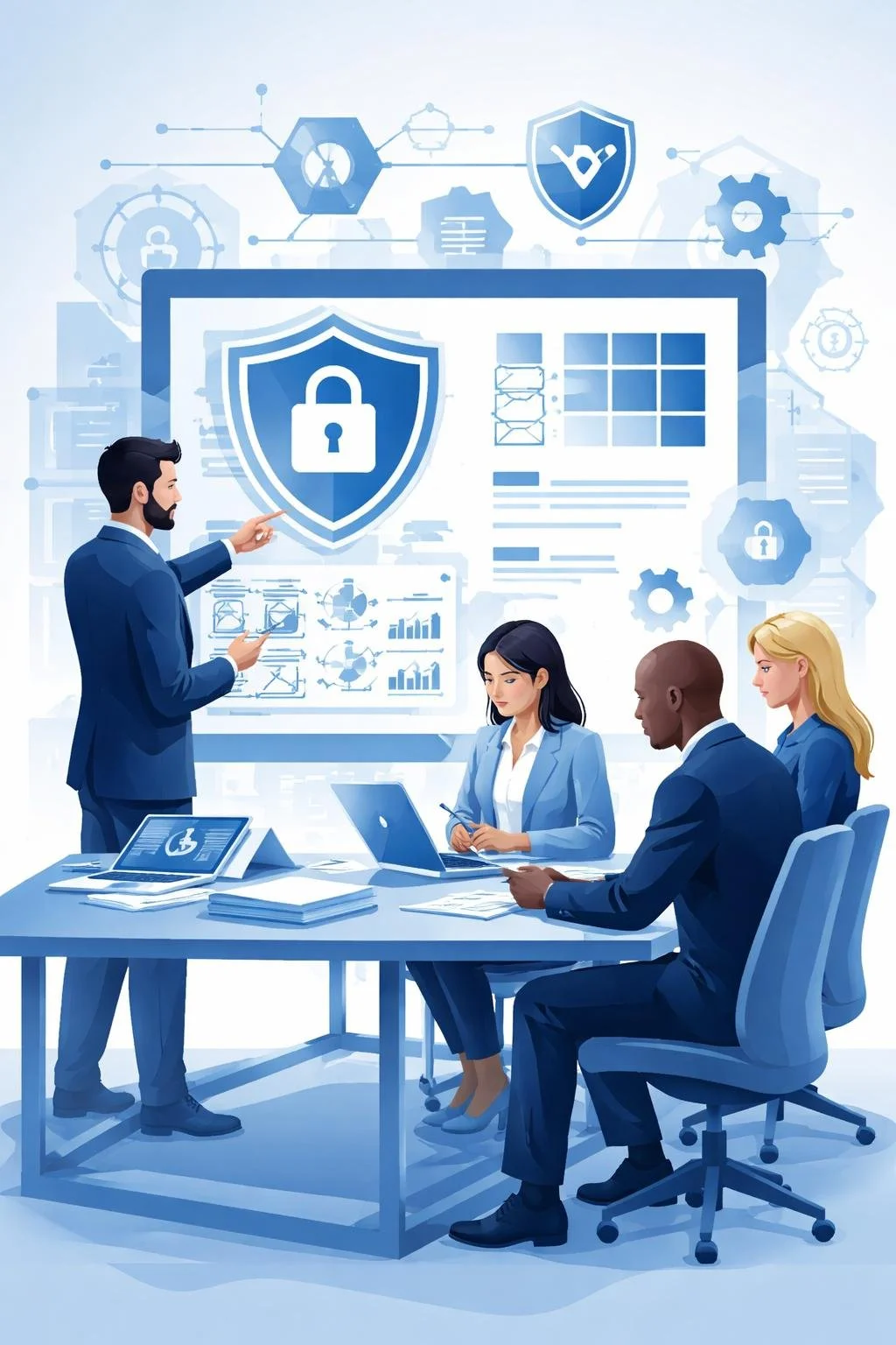 Digital illustration of consultants analyzing cybersecurity controls and shield network diagram representing ISO 27001 risk assessment consulting.