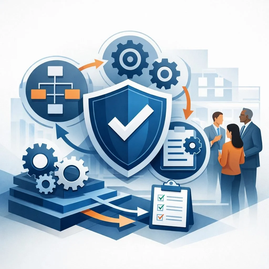 Digital illustration showing shield, gears, workflow diagram, and consulting professionals representing an integrated ISO 9001 management system framework.