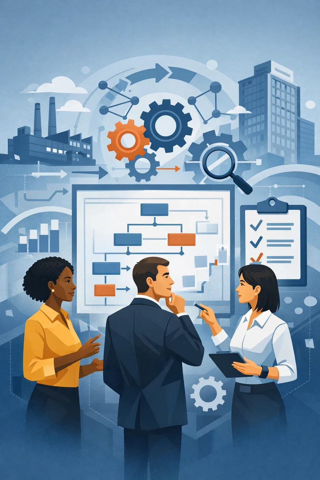 Digital illustration of consultants analyzing process workflows with gears, factory systems, and structured diagrams representing operational excellence consulting.