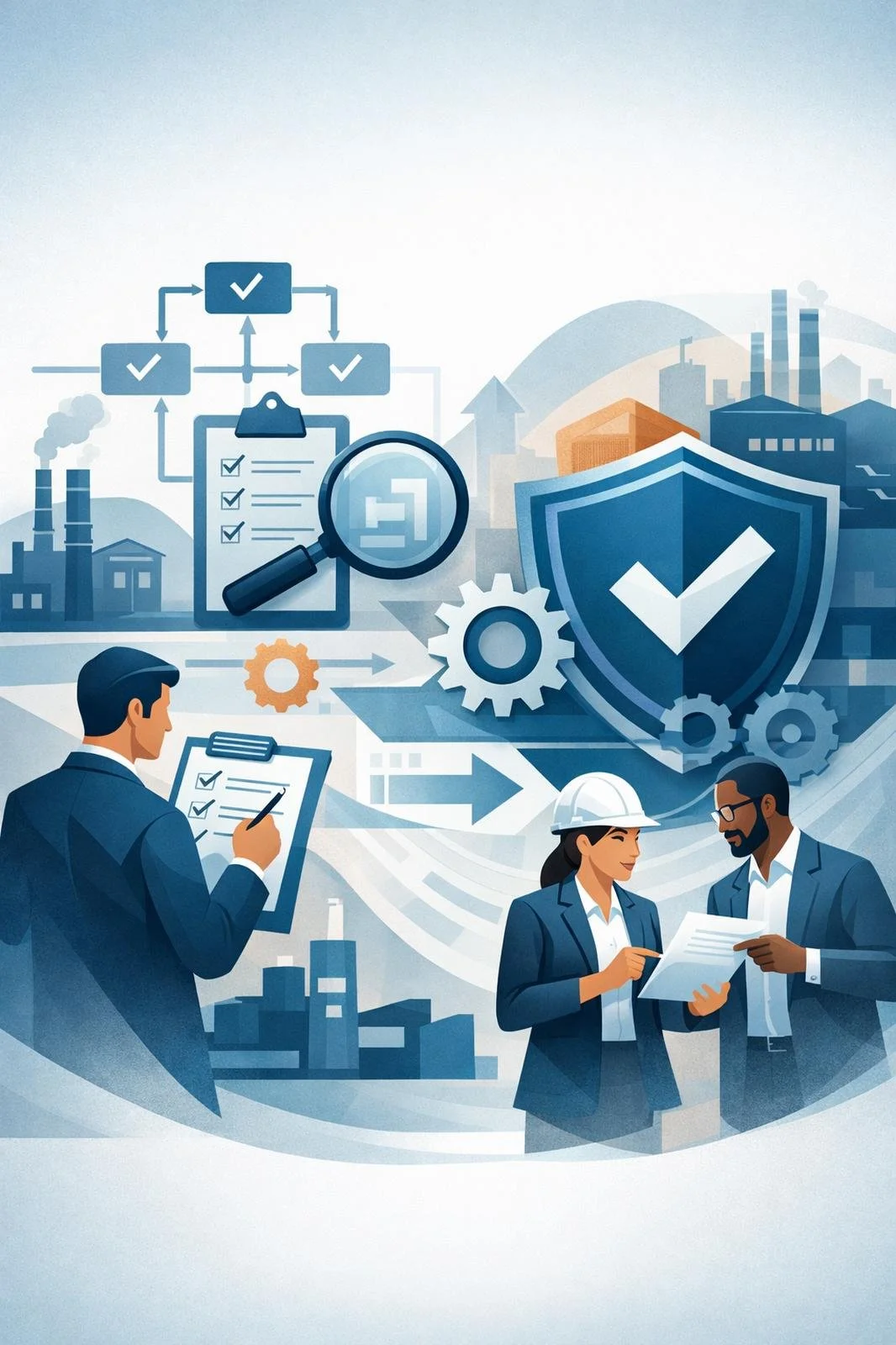 Digital illustration of auditors reviewing a safety checklist with shield, gears, and industrial facilities representing an ISO 45001 certification audit process.
