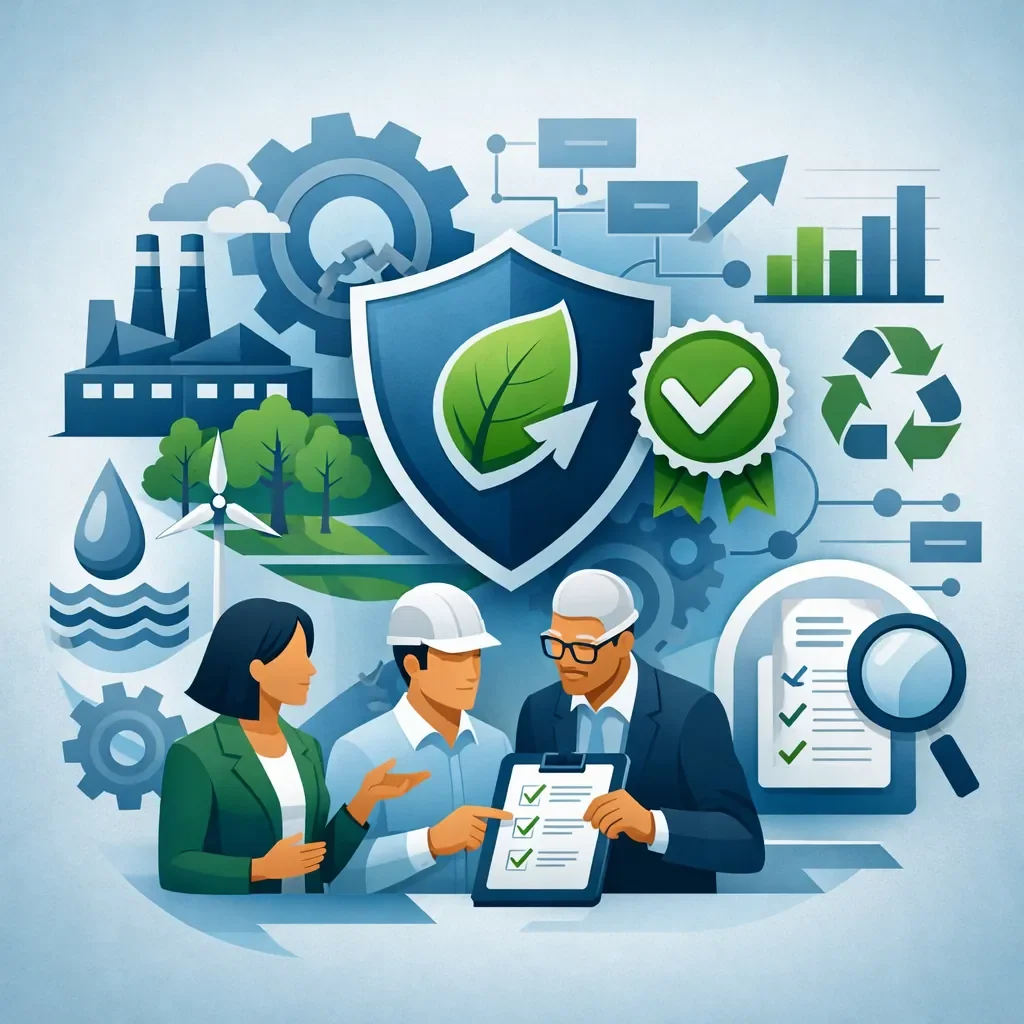 Digital illustration of an environmental management shield with sustainability symbols, factory systems, and consultants reviewing a checklist representing ISO 14001 consultant services.