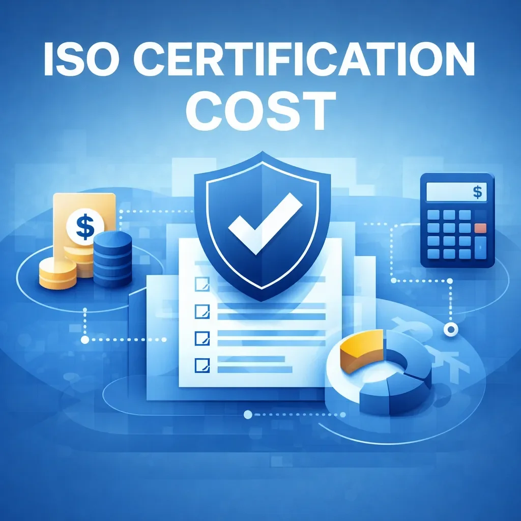Abstract digital illustration of layered systems, shield, and financial elements representing ISO certification cost and structured management system investment.